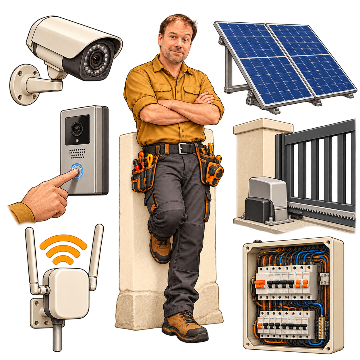 Ilustración de un trabajador sonriente, apoyado en una pared con los brazos cruzados y una rodilla flexionada, rodeado de una cámara CCTV, paneles solares, una antena wifi, un cuadro eléctrico, un videoportero con una mano a punto de pulsarlo y una puerta corredera con su motor.